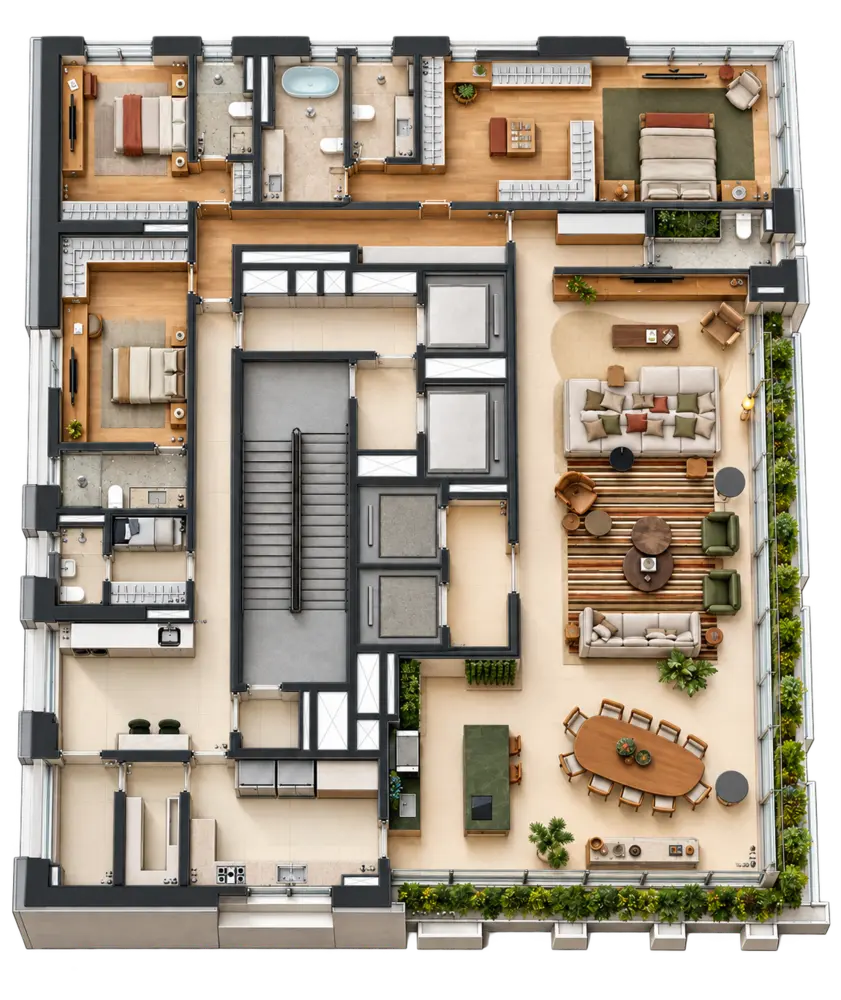 Planta de 361 metros quadrados com três suítes e living ampliado