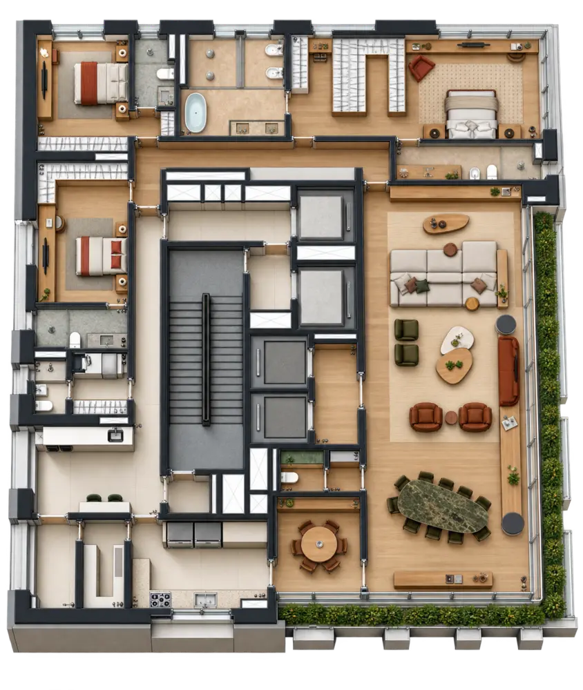 Planta de 361 metros quadrados com três suítes