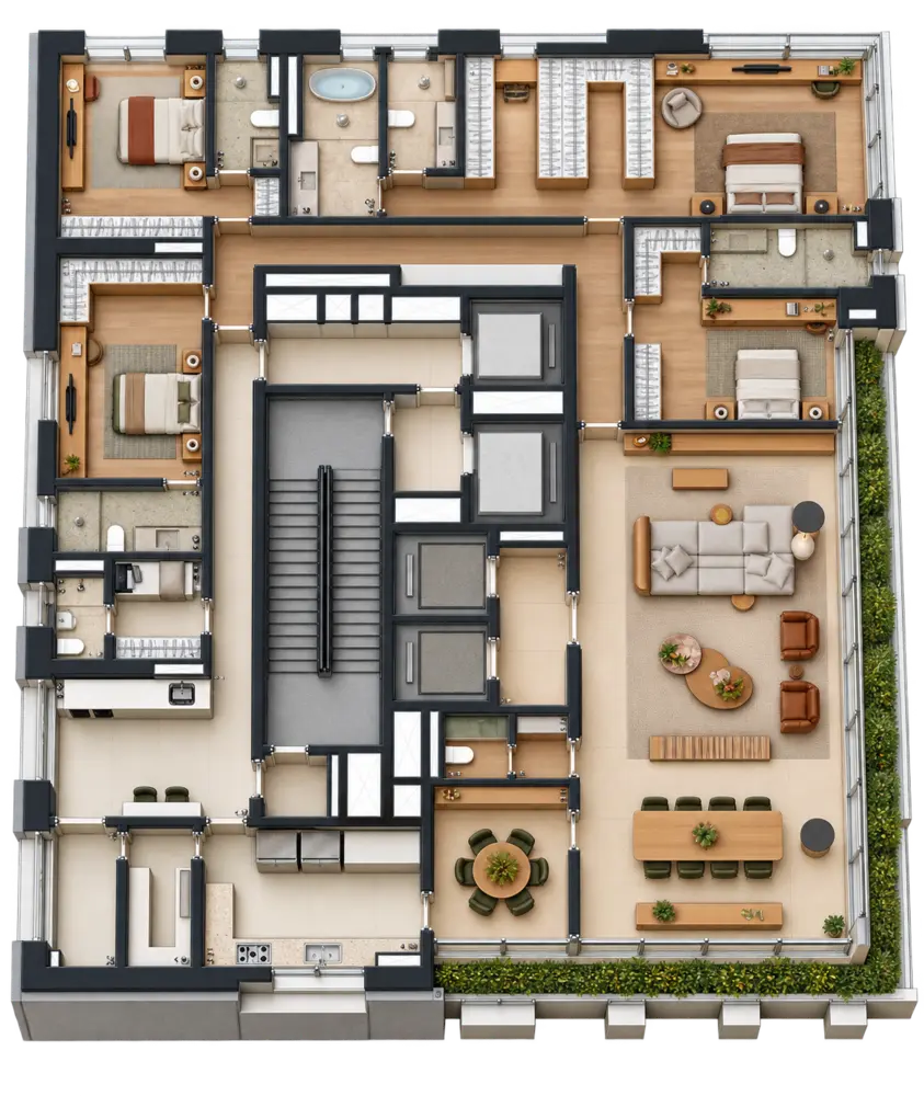 Planta padrão de 361 metros quadrados com quatro suítes