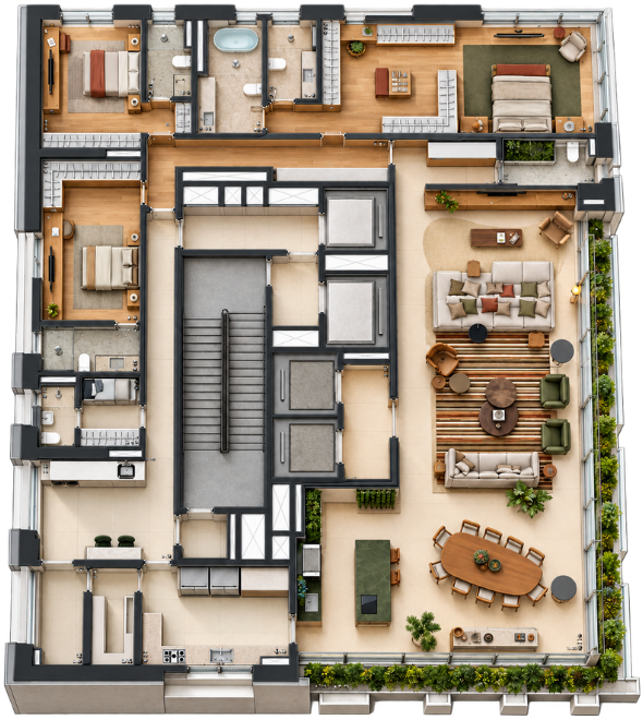 Planta de três suítes com living ampliado